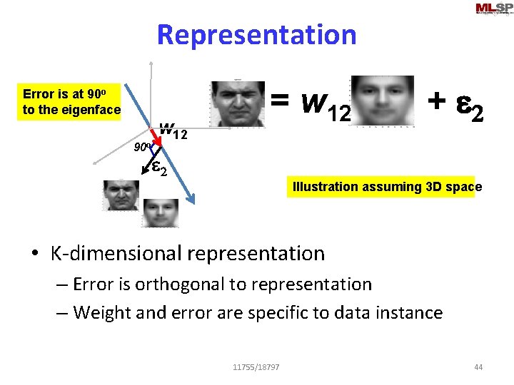 Representation Error is at 90 o to the eigenface 90 o w 12 = Representation Error is at 90 o to the eigenface 90 o w 12 =