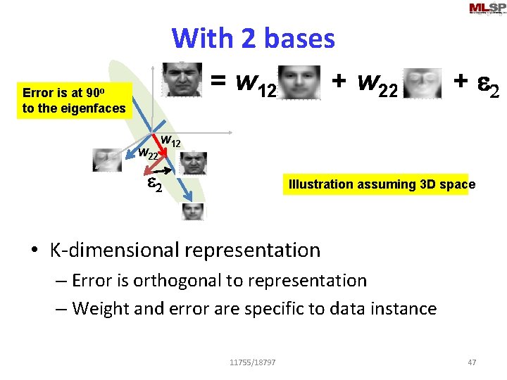 With 2 bases = w 12 Error is at 90 o to the eigenfaces