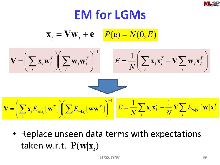 EM for LGMs • Replace unseen data terms with expectations taken w. r. t.