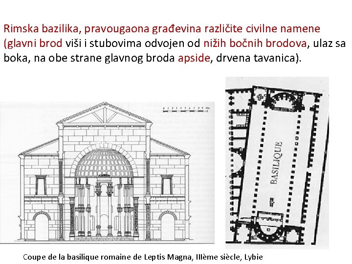 Rimska bazilika, pravougaona građevina različite civilne namene (glavni brod viši i stubovima odvojen od