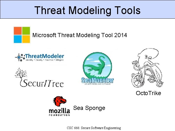 Threat Modeling Tools Microsoft Threat Modeling Tool 2014 Octo. Trike Sea Sponge CSC 666: