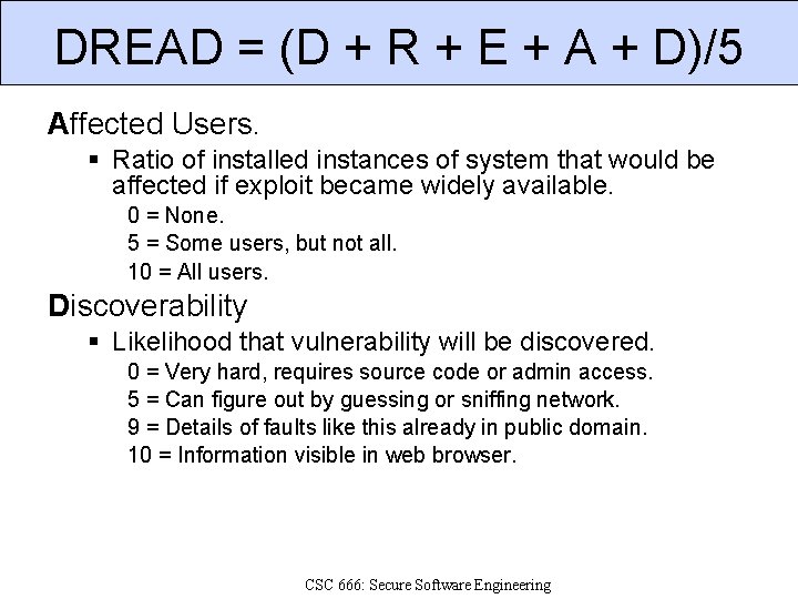 DREAD = (D + R + E + A + D)/5 Affected Users. Ratio