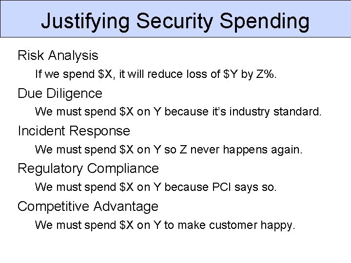 Justifying Security Spending Risk Analysis If we spend $X, it will reduce loss of