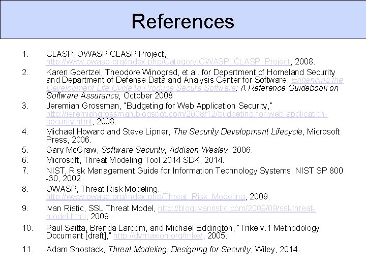 References 1. 2. 3. 4. 5. 6. 7. 8. 9. 10. 11. CLASP, OWASP