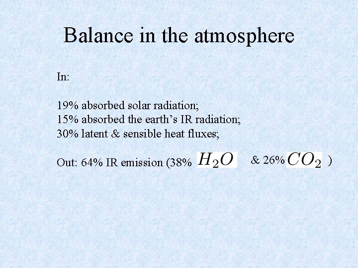 Balance in the atmosphere In: 19% absorbed solar radiation; 15% absorbed the earth’s IR