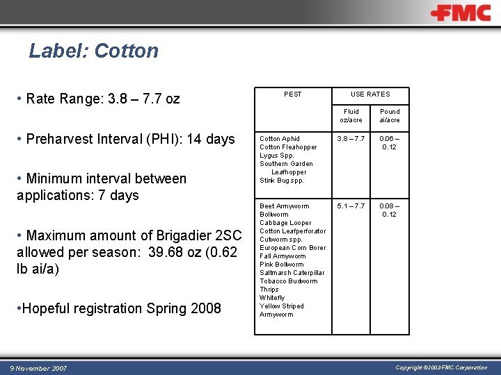 Label: Cotton • Rate Range: 3. 8 – 7. 7 oz • Preharvest Interval