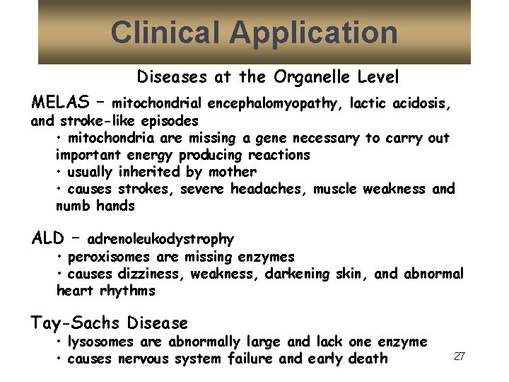 Clinical Application Diseases at the Organelle Level MELAS – mitochondrial encephalomyopathy, lactic acidosis, and