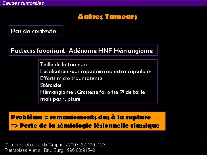 Causes tumorales Autres Tumeurs Pas de contexte Facteurs favorisant Adénome HNF Hémangiome Taille de