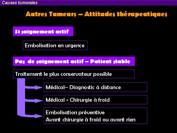 Causes tumorales Autres Tumeurs – Attitudes thérapeutiques Si saignement actif Embolisation en urgence Pas