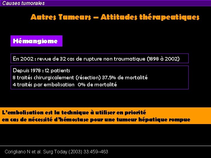 Causes tumorales Autres Tumeurs – Attitudes thérapeutiques Hémangiome En 2002 : revue de 32