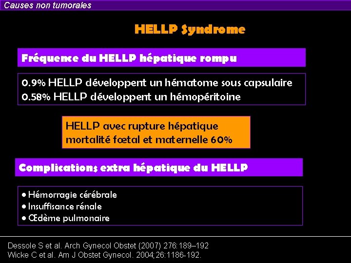 Causes non tumorales HELLP Syndrome Fréquence du HELLP hépatique rompu 0. 9% HELLP développent