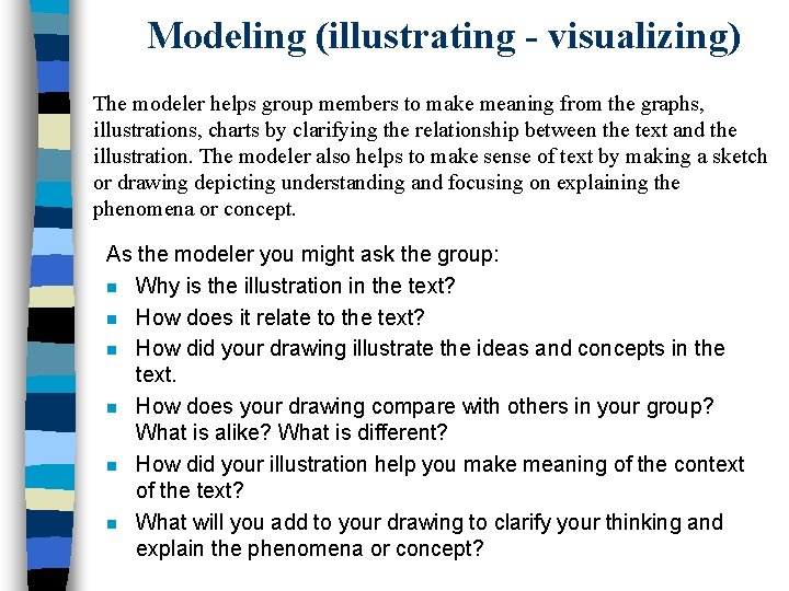 Modeling (illustrating - visualizing) The modeler helps group members to make meaning from the