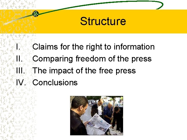Structure I. III. IV. Claims for the right to information Comparing freedom of the