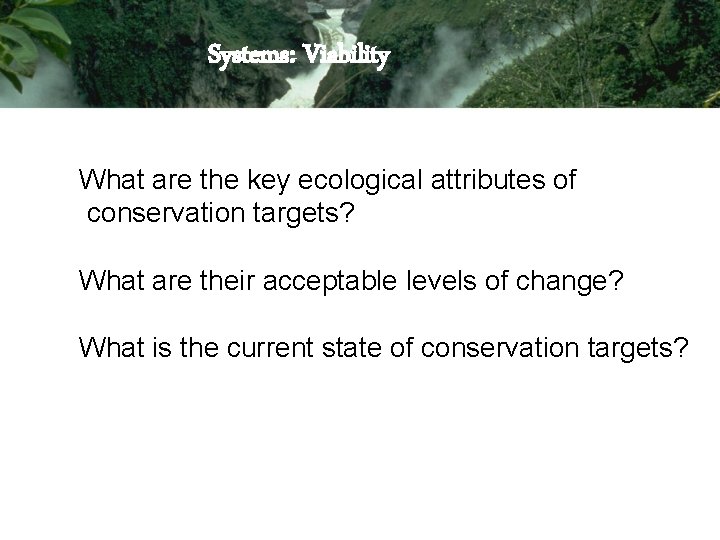 Systems: Viability What are the key ecological attributes of conservation targets? What are their Systems: Viability What are the key ecological attributes of conservation targets? What are their