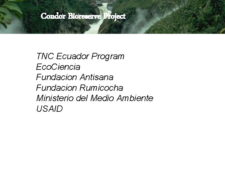 Condor Bioreserve Project TNC Ecuador Program Eco. Ciencia Fundacion Antisana Fundacion Rumicocha Ministerio del Condor Bioreserve Project TNC Ecuador Program Eco. Ciencia Fundacion Antisana Fundacion Rumicocha Ministerio del