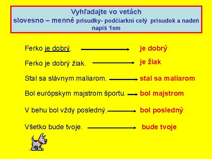 Vyhľadajte vo vetách slovesno – menné prísudky- podčiarkni celý prísudok a nadeň napíš 1