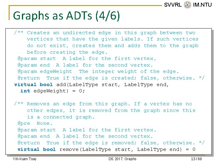 Graphs as ADTs (4/6) SVVRL @ IM. NTU /** Creates an undirected edge in