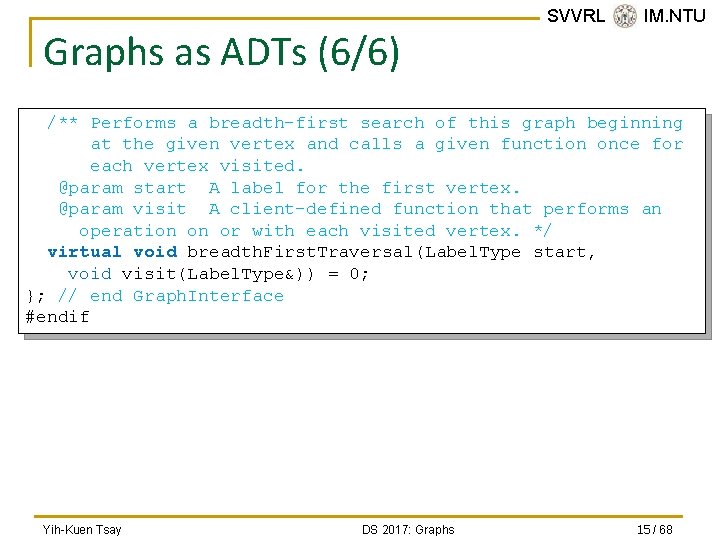 Graphs as ADTs (6/6) SVVRL @ IM. NTU /** Performs a breadth-first search of