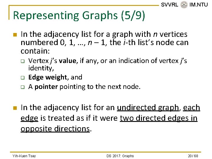 Representing Graphs (5/9) n In the adjacency list for a graph with n vertices