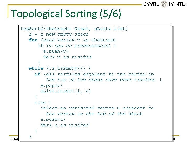 Topological Sorting (5/6) SVVRL @ IM. NTU top. Sort 2(the. Graph: Graph, a. List: