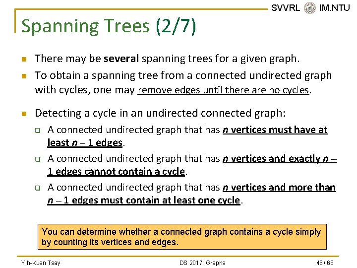 Spanning Trees (2/7) SVVRL @ IM. NTU n There may be several spanning trees