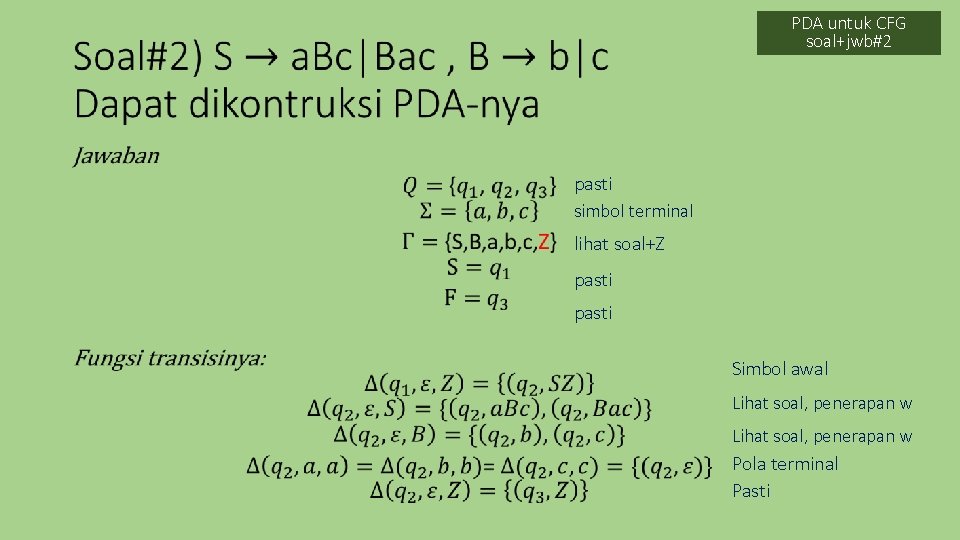 PDA untuk CFG soal+jwb#2 • pasti simbol terminal lihat soal+Z pasti Simbol awal Lihat