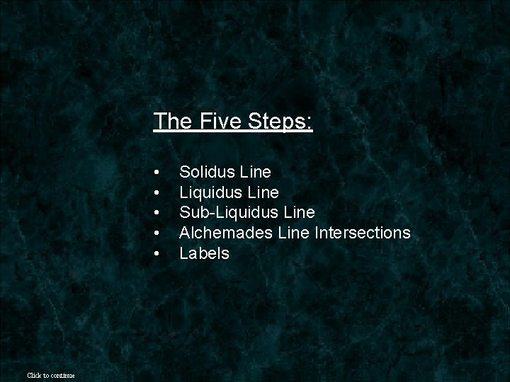 The Five Steps: • • • Click to continue Solidus Line Liquidus Line Sub-Liquidus The Five Steps: • • • Click to continue Solidus Line Liquidus Line Sub-Liquidus