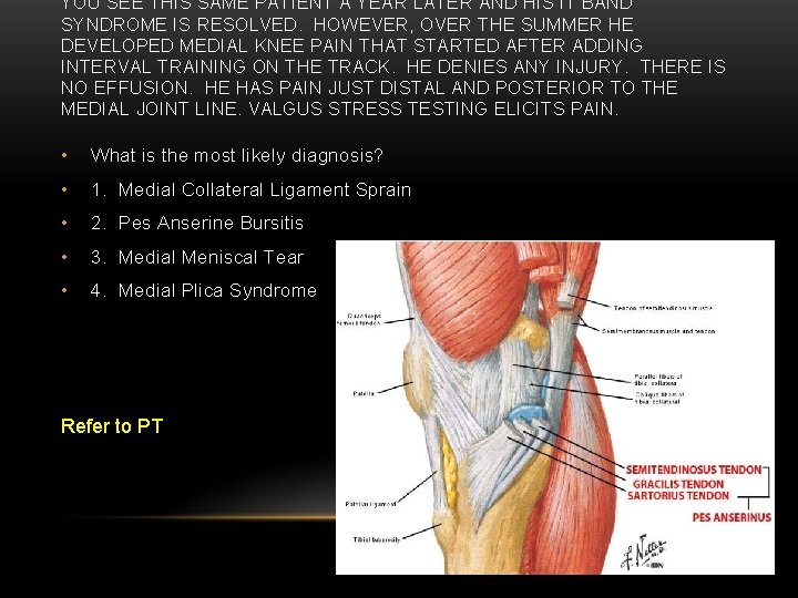 YOU SEE THIS SAME PATIENT A YEAR LATER AND HIS IT BAND SYNDROME IS