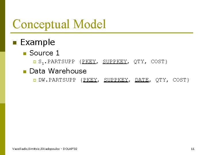 Conceptual Model n Example n Source 1 p n S 1. PARTSUPP {PKEY, SUPPKEY,