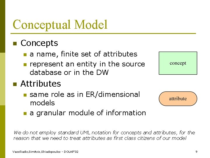 Conceptual Model n Concepts n n n a name, finite set of attributes represent