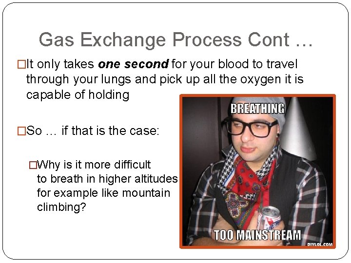 Gas Exchange Process Cont … �It only takes one second for your blood to