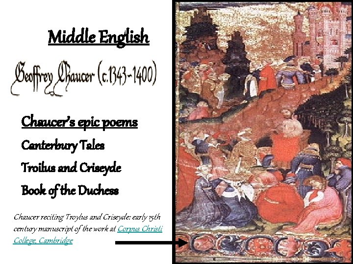 Middle English Chaucer’s epic poems Canterbury Tales Troilus and Criseyde Book of the Duchess