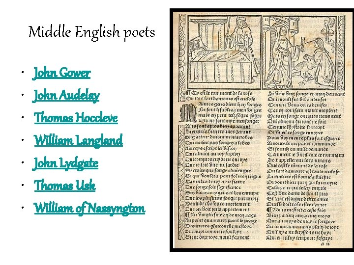 Middle English poets • • John Gower John Audelay Thomas Hoccleve William Langland John