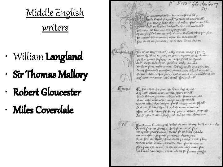 Middle English writers • • William Langland Sir Thomas Mallory Robert Gloucester Miles Coverdale