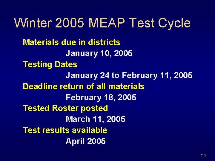 Winter 2005 MEAP Test Cycle Materials due in districts January 10, 2005 Testing Dates