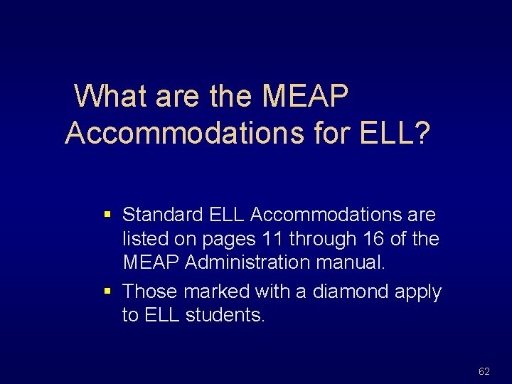 What are the MEAP Accommodations for ELL? § Standard ELL Accommodations are listed on