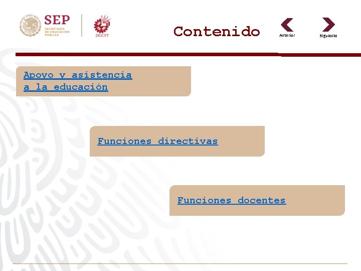 Contenido Anterior Apoyo y asistencia a la educación Funciones directivas Funciones docentes Siguiente 