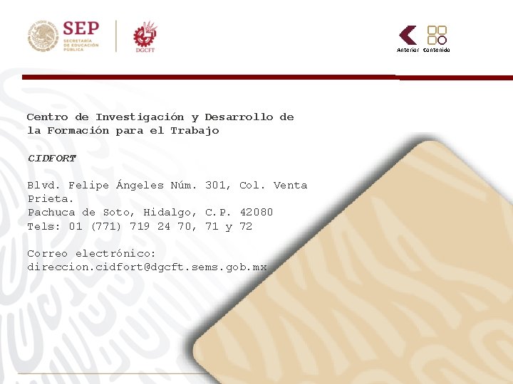 Anterior Contenido Centro de Investigación y Desarrollo de la Formación para el Trabajo CIDFORT