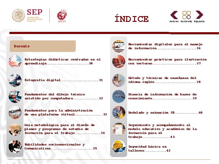 ÍNDICE Docente Anterior Contenido Siguiente Herramientas digitales para el manejo de información…………………………. 36 Estrategias