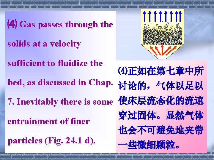 ⑷ Gas passes through the solids at a velocity sufficient to fluidize the ⑷正如在第七章中所