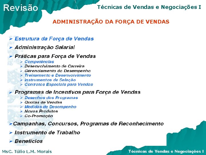 Revisão Técnicas de Vendas e Negociações I ADMINISTRAÇÃO DA FORÇA DE VENDAS Ms. C.