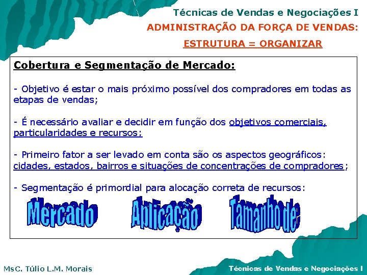 Técnicas de Vendas e Negociações I ADMINISTRAÇÃO DA FORÇA DE VENDAS: ESTRUTURA = ORGANIZAR