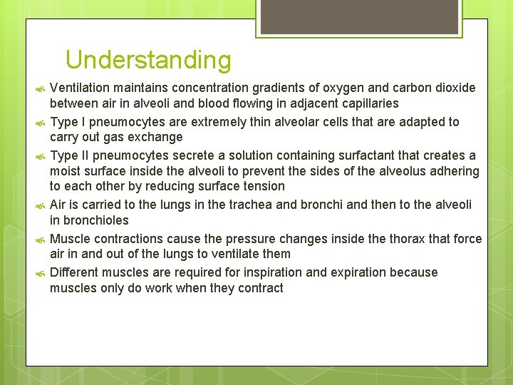 Understanding Ventilation maintains concentration gradients of oxygen and carbon dioxide between air in alveoli