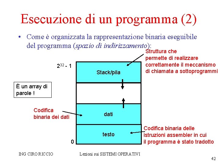 Esecuzione di un programma (2) • Come è organizzata la rappresentazione binaria eseguibile del