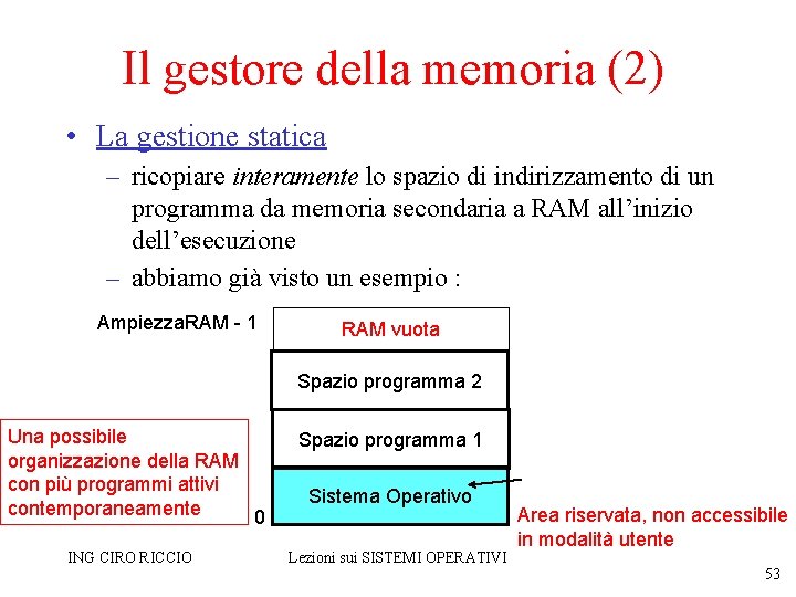 Il gestore della memoria (2) • La gestione statica – ricopiare interamente lo spazio