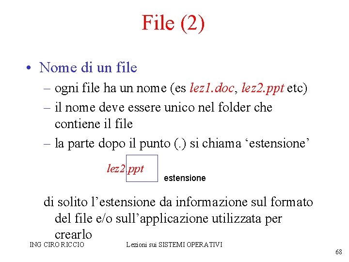 File (2) • Nome di un file – ogni file ha un nome (es