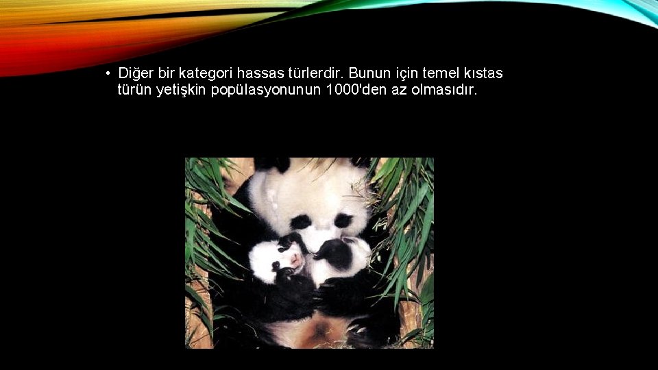 • Diğer bir kategori hassas türlerdir. Bunun için temel kıstas türün yetişkin popülasyonunun • Diğer bir kategori hassas türlerdir. Bunun için temel kıstas türün yetişkin popülasyonunun