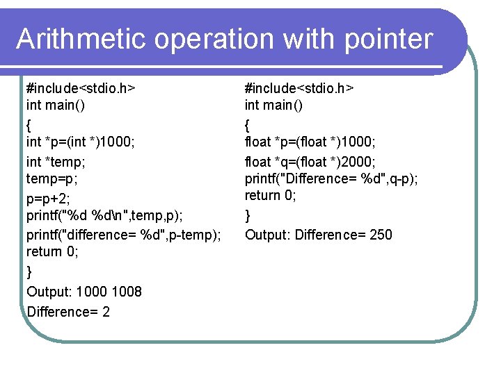 Arithmetic operation with pointer #include<stdio. h> int main() { int *p=(int *)1000; int *temp;