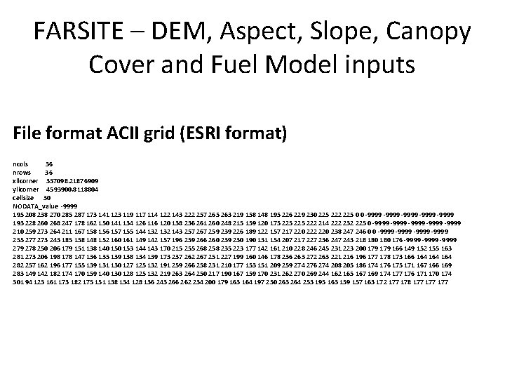 FARSITE – DEM, Aspect, Slope, Canopy Cover and Fuel Model inputs File format ACII