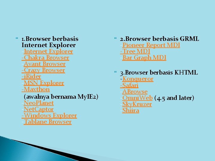  1. Browser berbasis Internet Explorer -Chakra Browser -Avant Browser -Crazy Browser -i. Rider